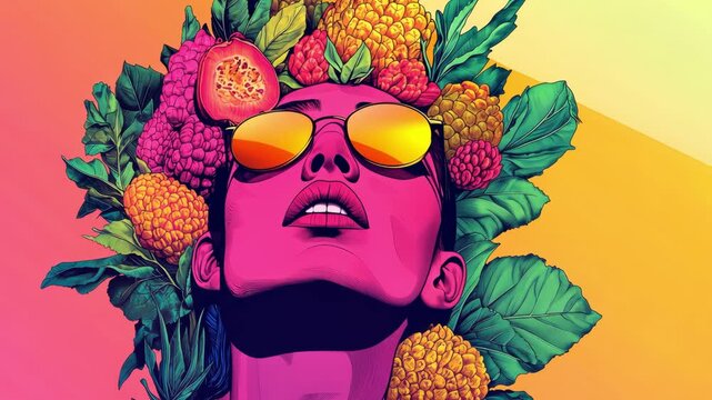 A neon-styled modern illustration of a woman with a headpiece of berries and leaves, exuding a bold, tropical, pop-art vibe.