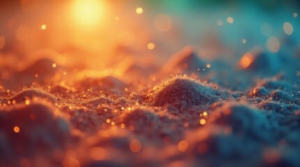 Fototapeta premium Glittering sand with soft bokeh lights at sunset, creating a magical and serene atmosphere