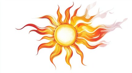 Naklejka premium 100.A graphic representation of a high-temperature icon, showcasing a sunburst with intense rays and curving heat waves, rendered in vivid colors against a plain white background.