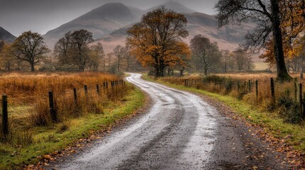 Fototapeta premium Autumnal road curving through Scottish highlands, misty mountains background, travel photography