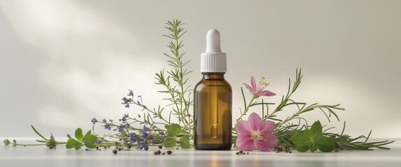 Aromatherapy Oil Bottle with Fresh Herbs and Flowers