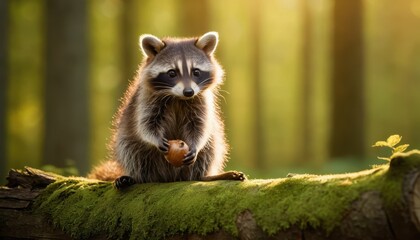 Obraz premium Adorable raccoon sitting on a mossy log, holding an acorn in its tiny paws, surrounded by a serene forest bathed in warm sunlight