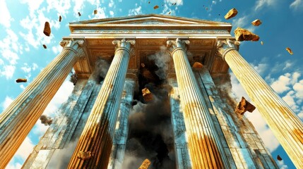 Ancient Temple Ruins Surrounded by Dust and Debris Under Blue Sky