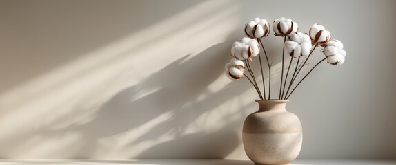 Rustic beige vase with cotton stems casting soft shadows on neutral wall.