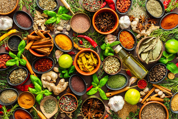 A diverse collection of vibrant spices and herbs, elegantly positioned on a brown backdrop, exuding natural beauty and a burst of fragrances
