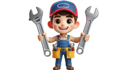 Child mechanic with tools in workshop cartoon style playful environment creative concept