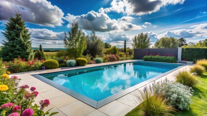 Obraz premium Serene Backyard Oasis Featuring a Sparkling Inground Pool and Lush Landscaping Under a Summer Sky