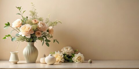 Elegant Floral Arrangement with Cream Roses and Decorative Vessels on Neutral Background
