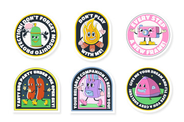 Sticker collection groovy. Set of camping stickers in Y2k style. Set of travel stickers in y2k 2000s style. Comic retro character vintage