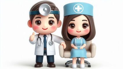 Healthcare professionals in cartoon style hospital setting digital illustration cheerful mood