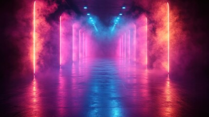 Neon Stage Scene with Laser Beams, Smoke, and Reflections in Purple and Blue Lights