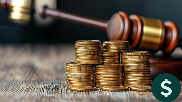 Financial Justice: Stacks of golden coins sit prominently in the foreground, with a judge's gavel subtly blurred in the background, suggesting themes of financial law, legal proceedings.