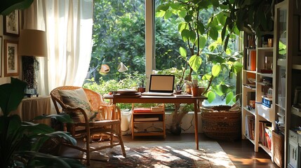 Fototapeta premium Serene Green Home Office with Abundant Plants and Sunlight