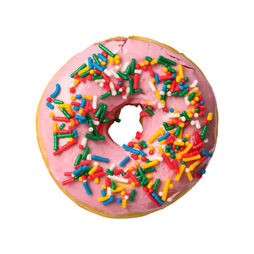 Pink donut decorated with colorful sprinkles isolated on transparent background. Flat lay. Top view