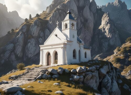Ancient whitewashed chapel on Kerkis mountain slope, rural scenery , hilltop view