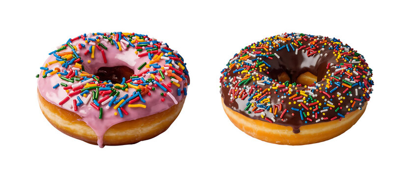 Chocolate and strawberry donut decorated with colorful sprinkles isolated on transparent background.
