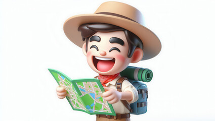 Adventure enthusiast exploring map outdoors travel cartoon style bright environment
