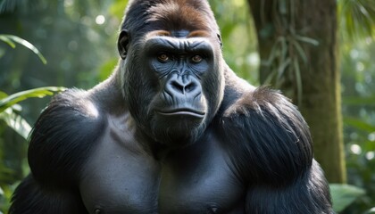 Obraz premium Majestic silverback gorilla in the lush green jungle, showcasing its strength and intelligence with a piercing gaze amidst a vibrant natural habitat