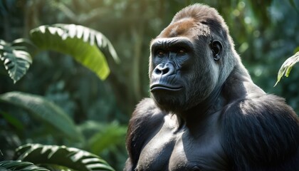 Obraz premium Majestic silverback gorilla in the lush green jungle, showcasing its strength and intelligence with a piercing gaze amidst a vibrant natural habitat