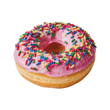 Pink donut decorated with colorful sprinkles isolated on transparent background.