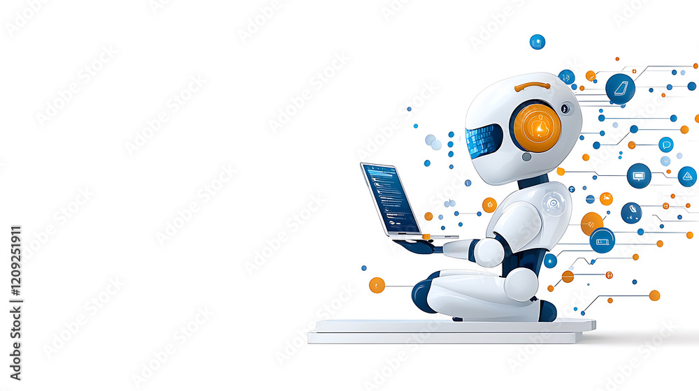 Poster innovative robot programming with laptop tech workshop digital art futuristic setting side view auto