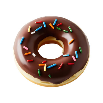 Pink donut decorated with colorful sprinkles isolated on transparent background. Flat lay.