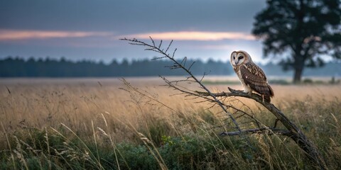 An owl's feathers blend seamlessly into the muted tones of the twilight meadow as it sits motionless in its treetop perch, wildlife photography, natural world, bird perched