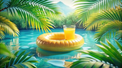 Obraz premium Tropical Poolside Relaxation A Refreshing Yellow Float and a Glass of Orange Juice Amidst Lush Palm Fronds