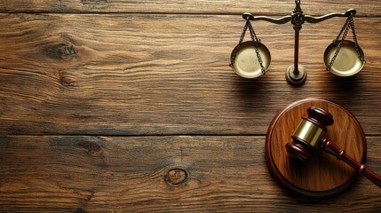 Top view of gavel and scales of justice on wooden table.