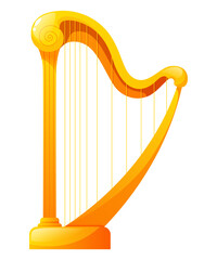 Classical musical instrument, golden harp on white background. Antique musical stringed equipment.