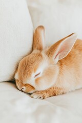 Obraz premium Restless rabbit struggles to relax while watching a movie, displaying anxious energy on a cozy couch