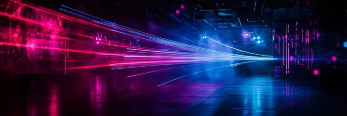 Vivid laser lights create an immersive atmosphere in a modern indoor space with sleek surfaces and vibrant colors