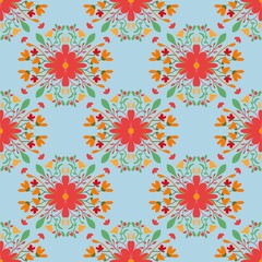 seamless pattern with red flower in circle.