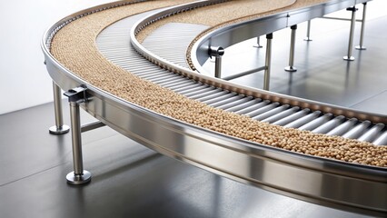 Curved Conveyor Belt System Transporting Agricultural Products in a Modern Food Processing Facility