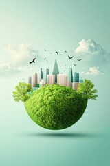 Green planet encircled by sustainable transport and community-focused icons