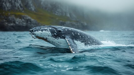 Obraz premium Majestic Humpback Whale Breaching the Surface of a Misty Ocean with Lush Coastal Cliffs in the Background, Showcasing Nature's Splendor and Marine Life