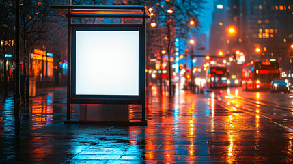 A blank billboard at a modern city bus stop, illuminated by bright LED lights