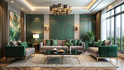 Luxurious Emerald and Gold Living Room Interior Design with Elegant Furniture and Decor