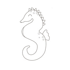 Children's vector coloring page of a seahorse in kawaii style. Simple coloring book for preschoolers. For the development of fine motor skills and creativity in preschool children. Vector eps 10.