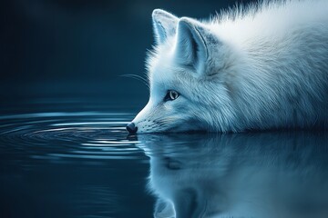 Arctic fox drinking from tranquil water, its reflection mirroring serenity.