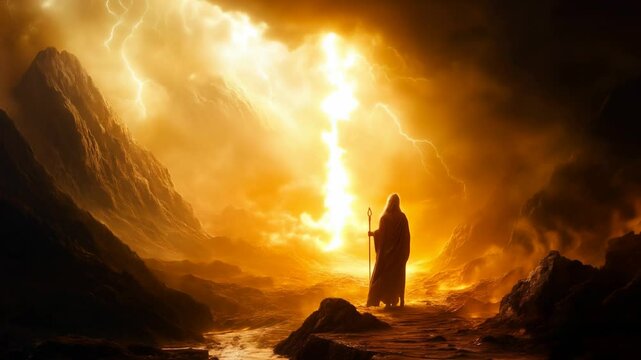 Moses receives divine guidance from god on mount sinai during an intense thunderstorm scene