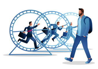 Businessmen racing in a hamster wheel symbolize repetitive pursuit of success, while a casual man walking opposite represents freedom and entrepreneurship. A contrast of hustle versus individuality