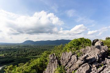 Top view of the mountain top with green trees and a beautiful river