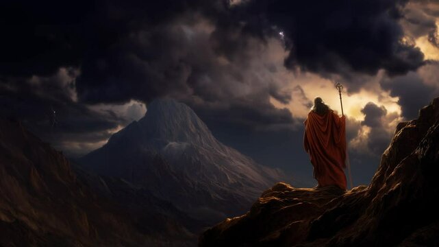Moses receives divine commandments from god amidst a thunderous storm on mount sinai