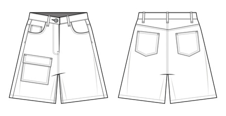 Utility Cargo denim Shorts technical fashion illustration. Knee-Length Shorts fashion vector template. Front and back view. Casual Streetwear. Baggy loose fit. CAD mockup set.	