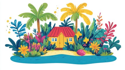 Tropical Island Paradise: A Vibrant Illustration of a Cozy Beach House Nestled Amongst Lush Palm Trees and Exotic Flowers