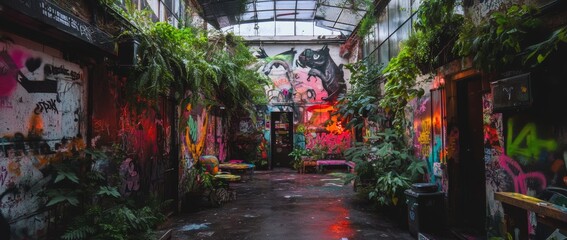 Fototapeta premium Vibrant urban alleyway filled with graffiti and lush vegetation in twilight hours