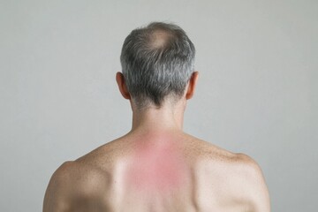 Naklejka premium Middle-aged individual displaying early shingles symptoms with visible rash on back against neutral background