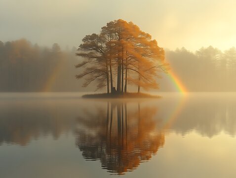 Solitary autumn tree on foggy lake island at sunrise with rainbow reflection.