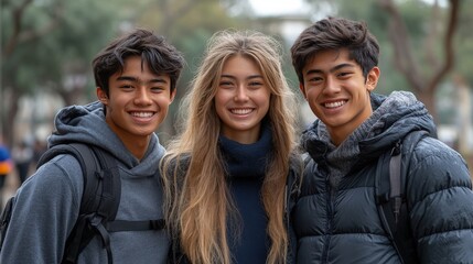 Three Diverse Young Adults Smiling Together in a Natural Outdoor Setting, Showcasing Friendship and Joy in a Candid Moment, Youth and Happiness